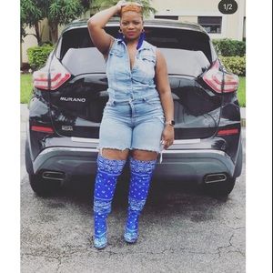 Royal blue bandana thigh high boots